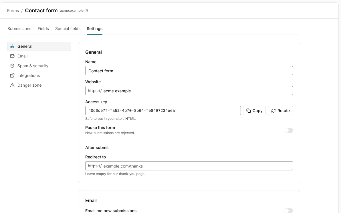 A form's General settings: name, website, access key and Redirect to